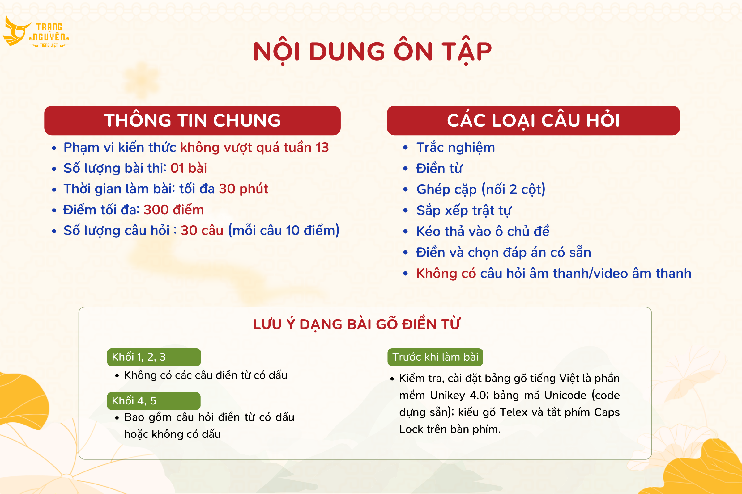 nội dung ôn tập cấp trường Trạng Nguyên Tiếng Việt