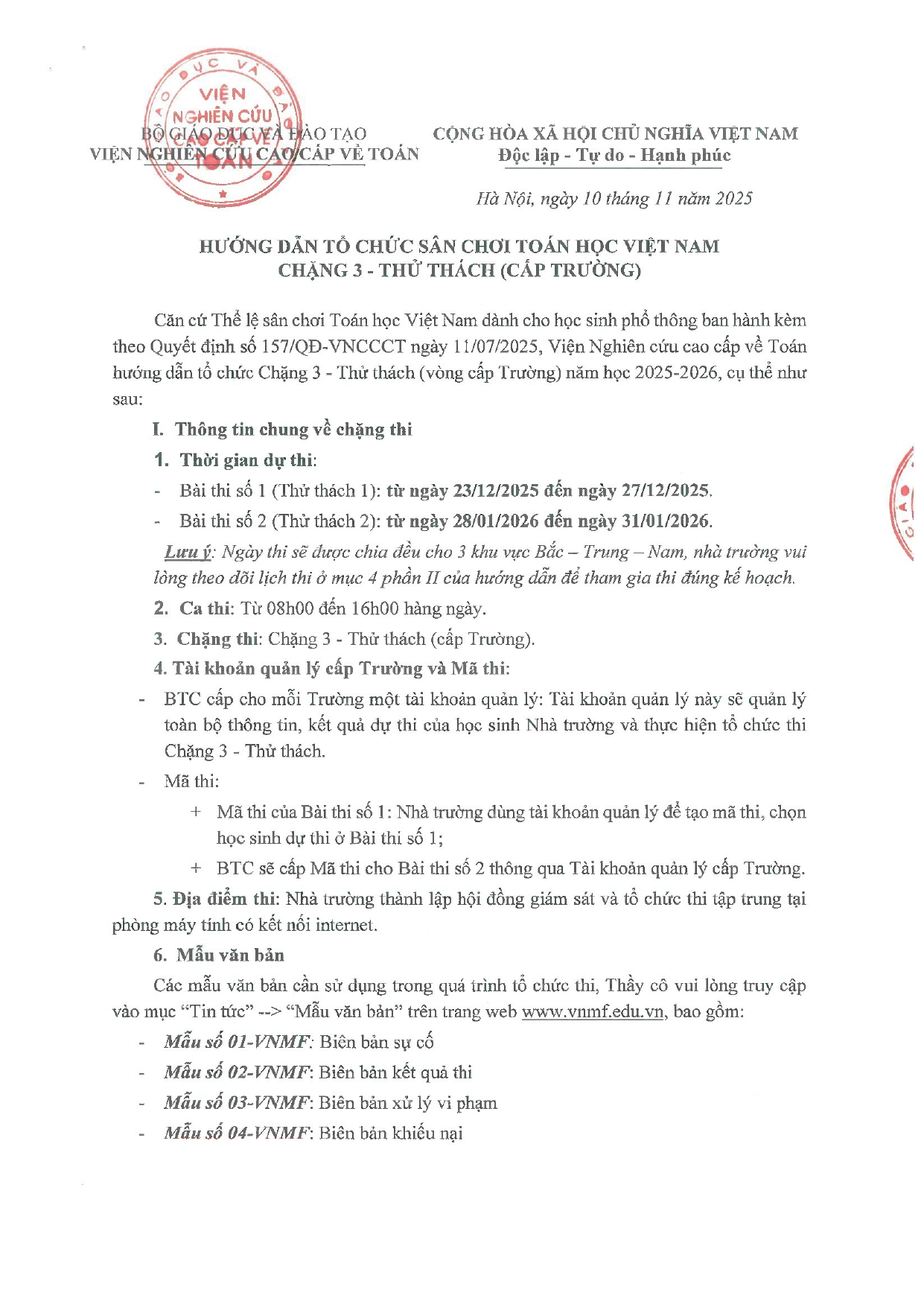 Hướng Dẫn Tổ Chức Sân Chơi Toán Học Việt Nam Chặng 3  Thử Thách (cấp Trường) Page 0001